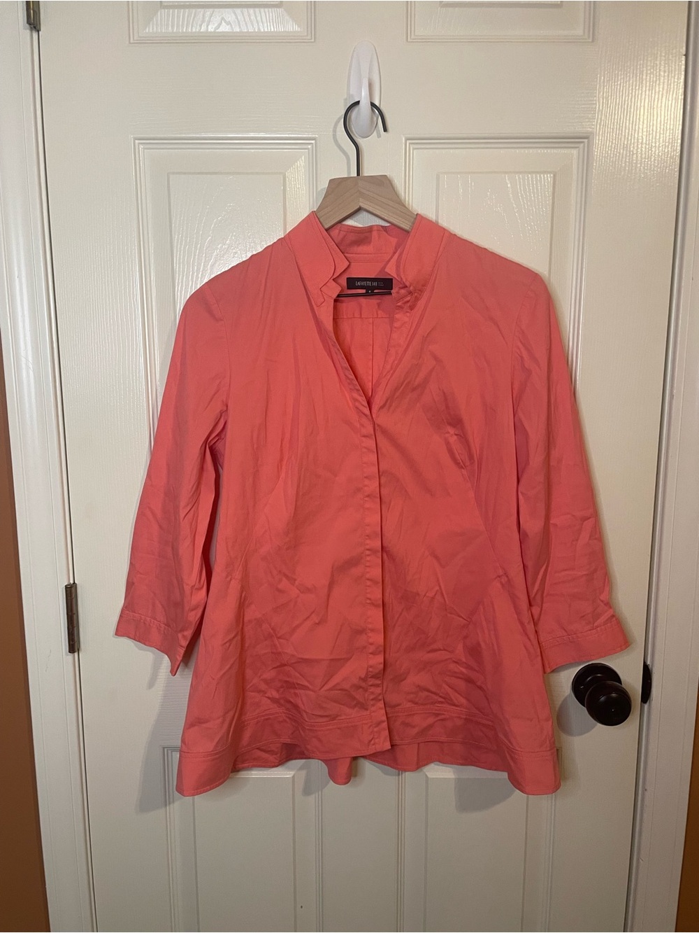 Lafayette 148 New York Coral Pink 3/4 Sleeve Button Down Shirt Size Medium